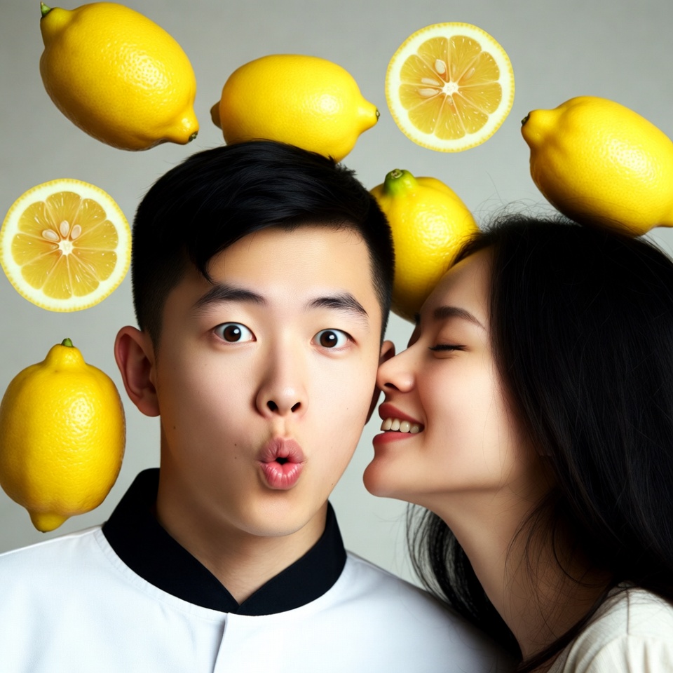Asian couple kissing with lemons Asian couple kissing with lemons