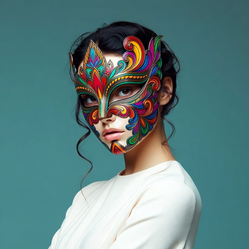 Woman wearing colorful ornate mask Woman wearing colorful ornate mask