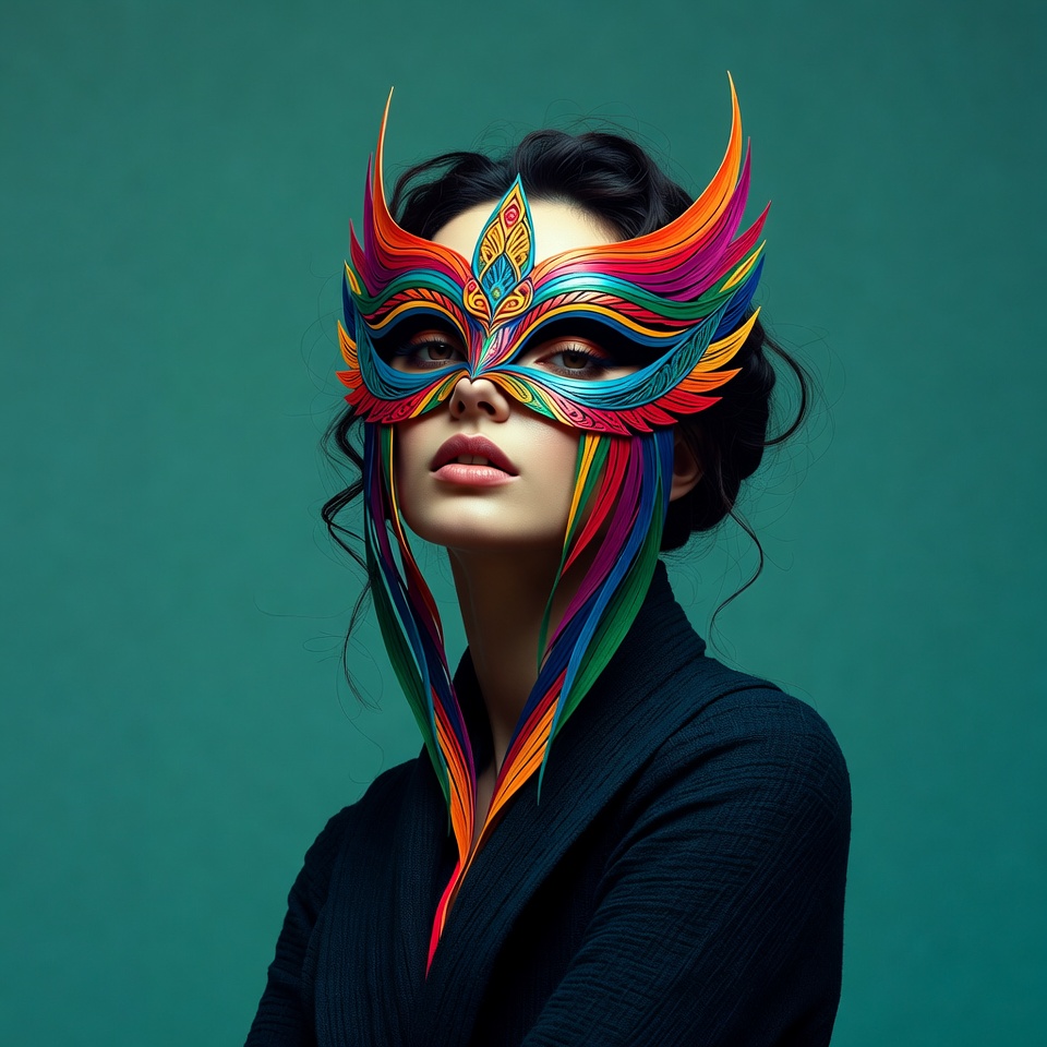 Woman wearing colorful feathered mask Woman wearing colorful feathered mask