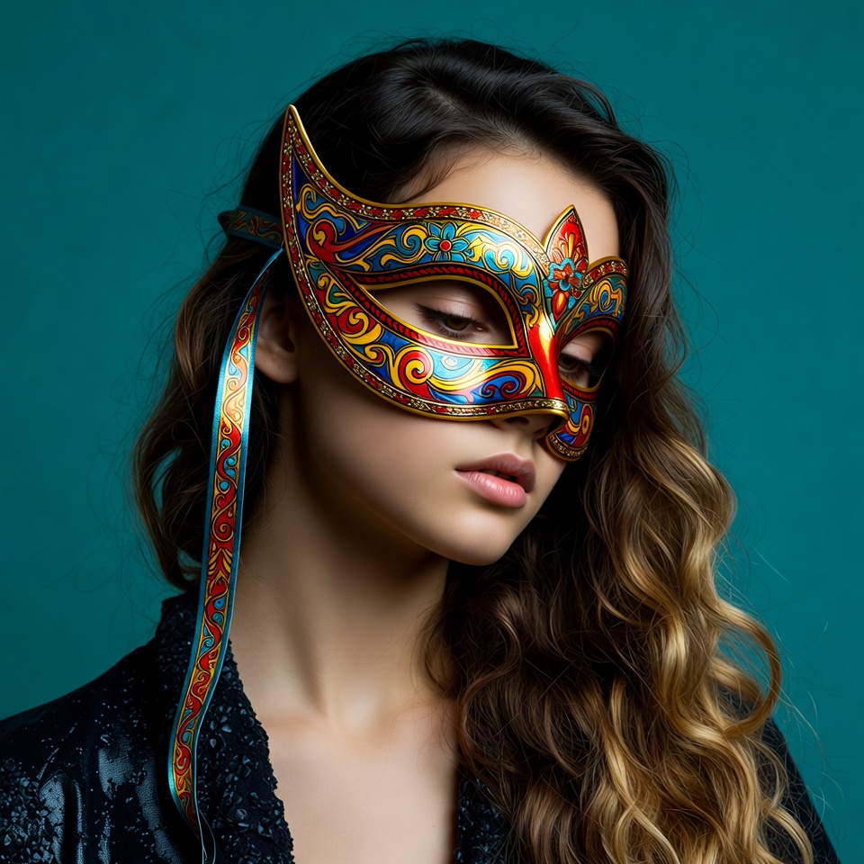 Woman wearing colorful Venetian mask Woman wearing colorful Venetian mask