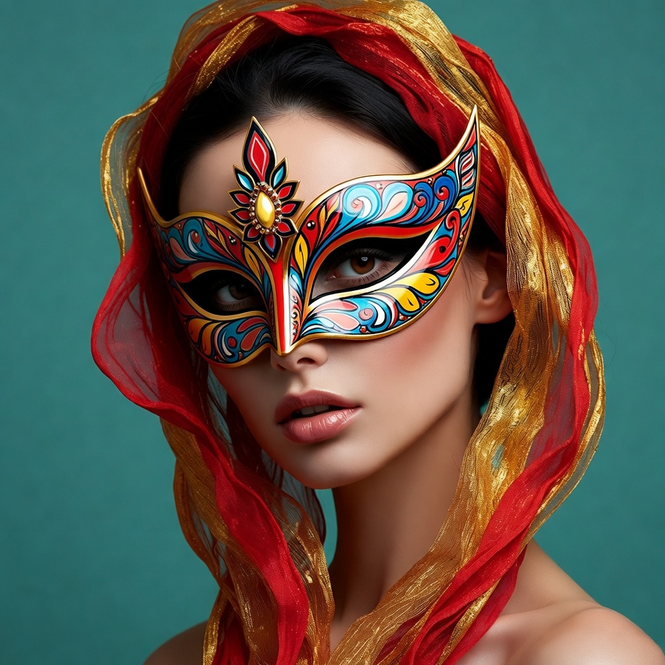 Woman wearing colorful ornate mask Woman wearing colorful ornate mask