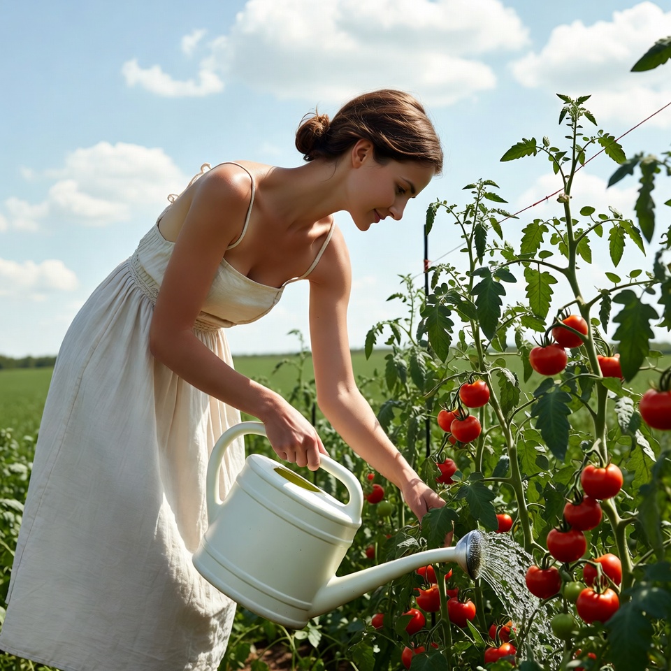 Woman watering tomato plants Woman watering tomato plants