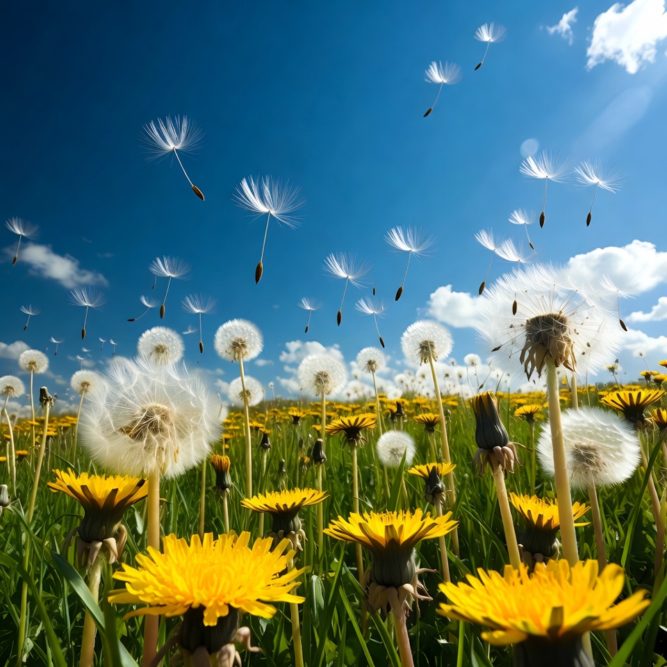 Dandelion Seeds Flying in Blue Sky Dandelion Seeds Flying in Blue Sky