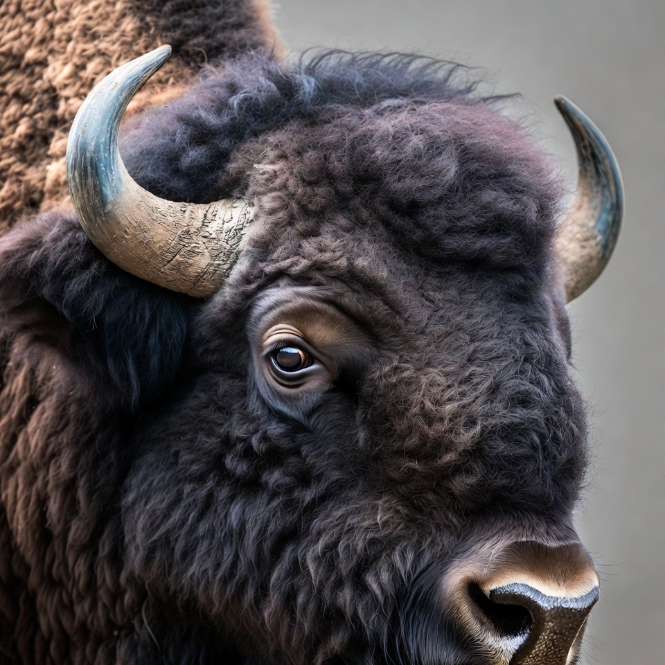 Closeup bison head with curved horns Closeup bison head with curved horns