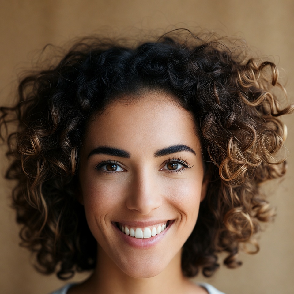 Smiling woman with curly hair Smiling woman with curly hair