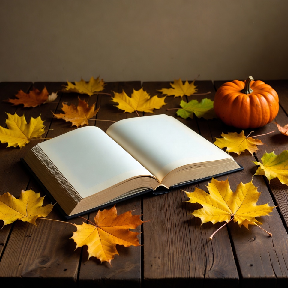 Open Book with Pumpkin and Autumn Leaves Open Book with Pumpkin and Autumn Leaves