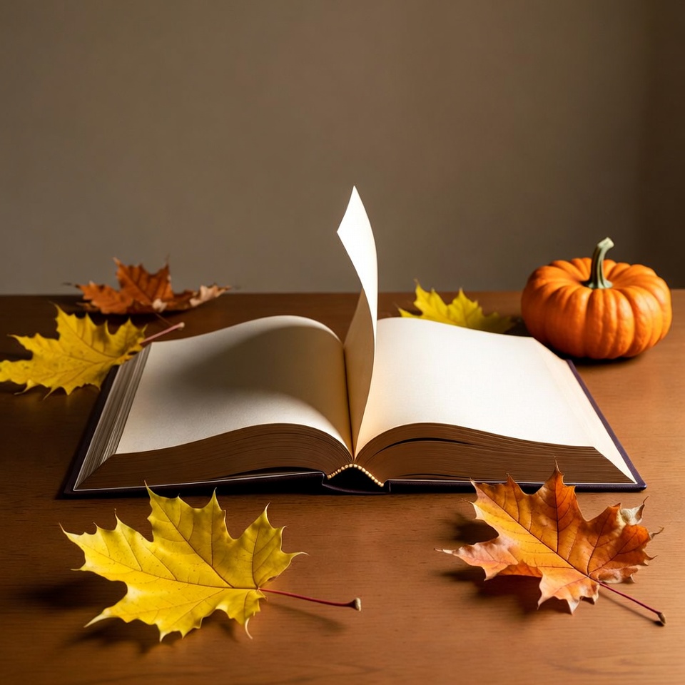 Open Book with Pumpkin and Autumn Leaves Open Book with Pumpkin and Autumn Leaves
