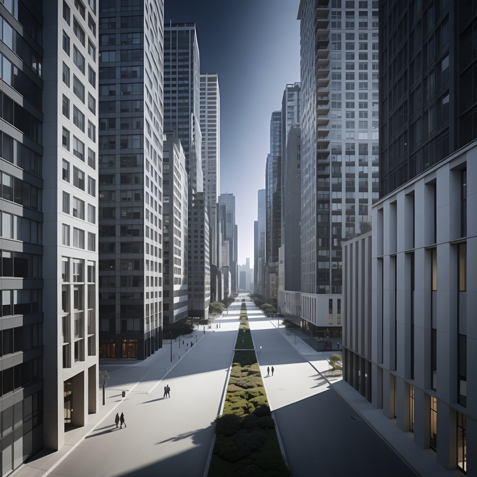 Tall Skyscrapers Lining Urban Street Tall Skyscrapers Lining Urban Street