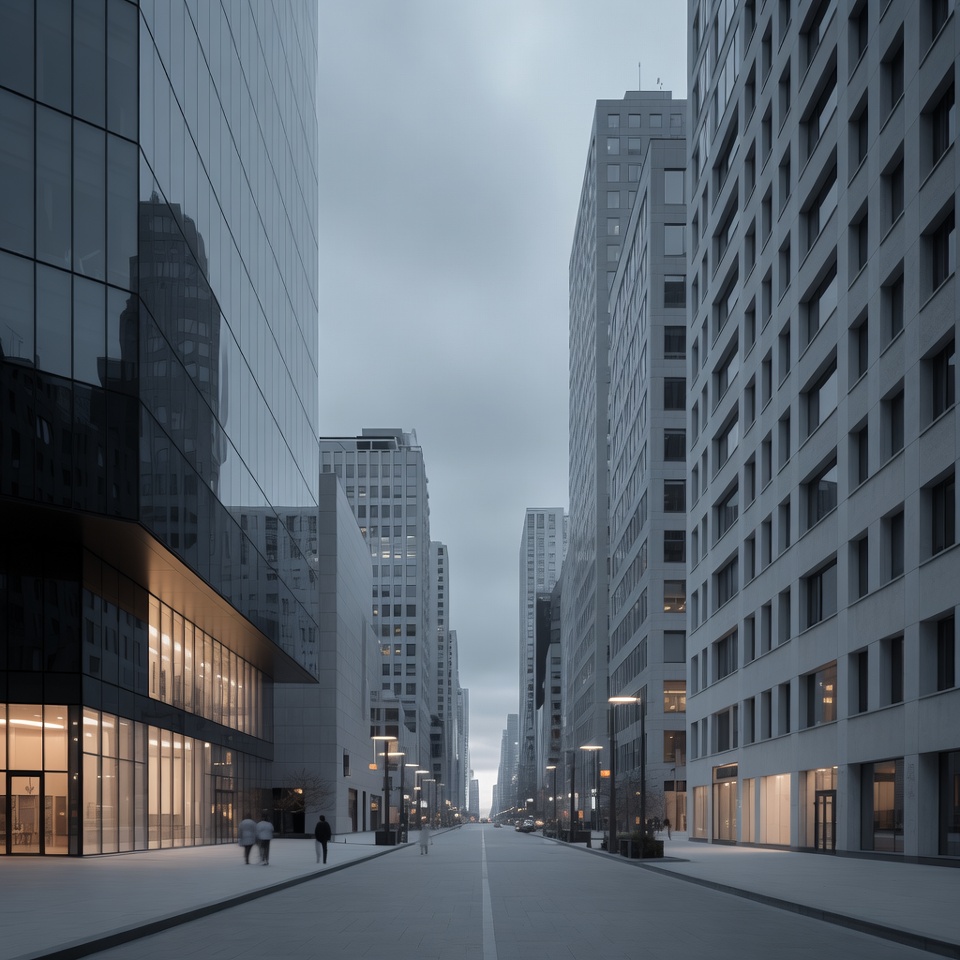 Empty Skyscraper Street in Foggy City Empty Skyscraper Street in Foggy City