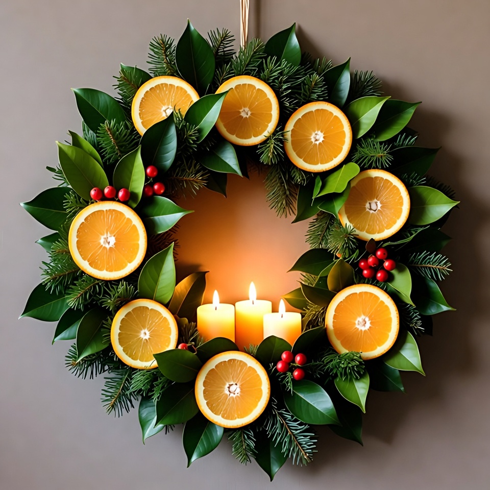 Christmas Wreath with Oranges and Candles Christmas Wreath with Oranges and Candles