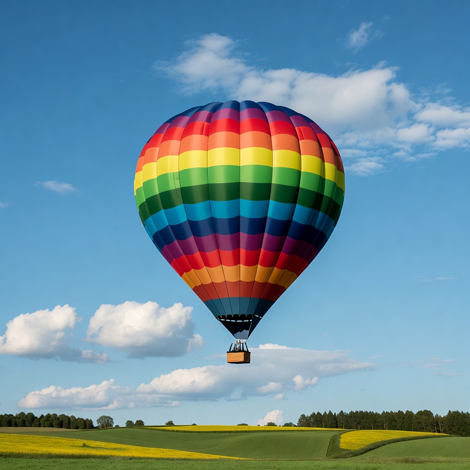 Rainbow Hot Air Balloon Over Fields Rainbow Hot Air Balloon Over Fields