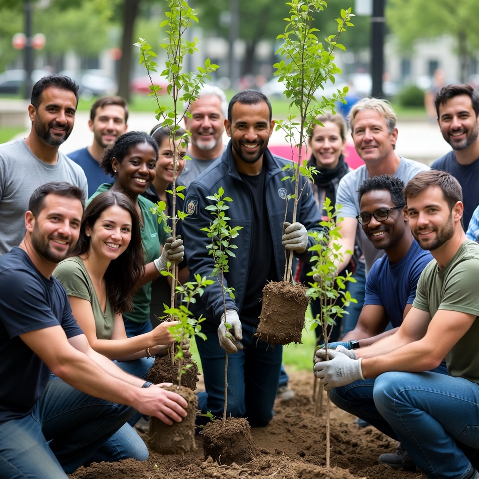 Diverse group planting young trees Diverse group planting young trees