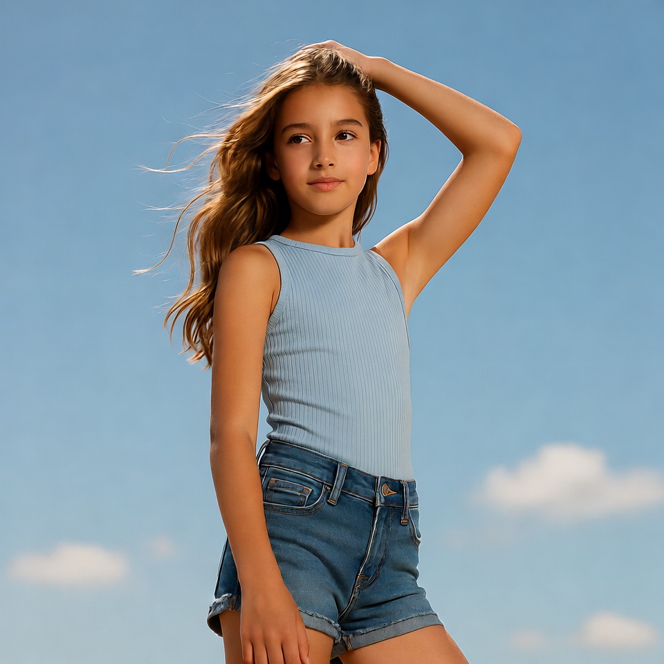 Girl posing with hand on head outdoors Girl posing with hand on head outdoors