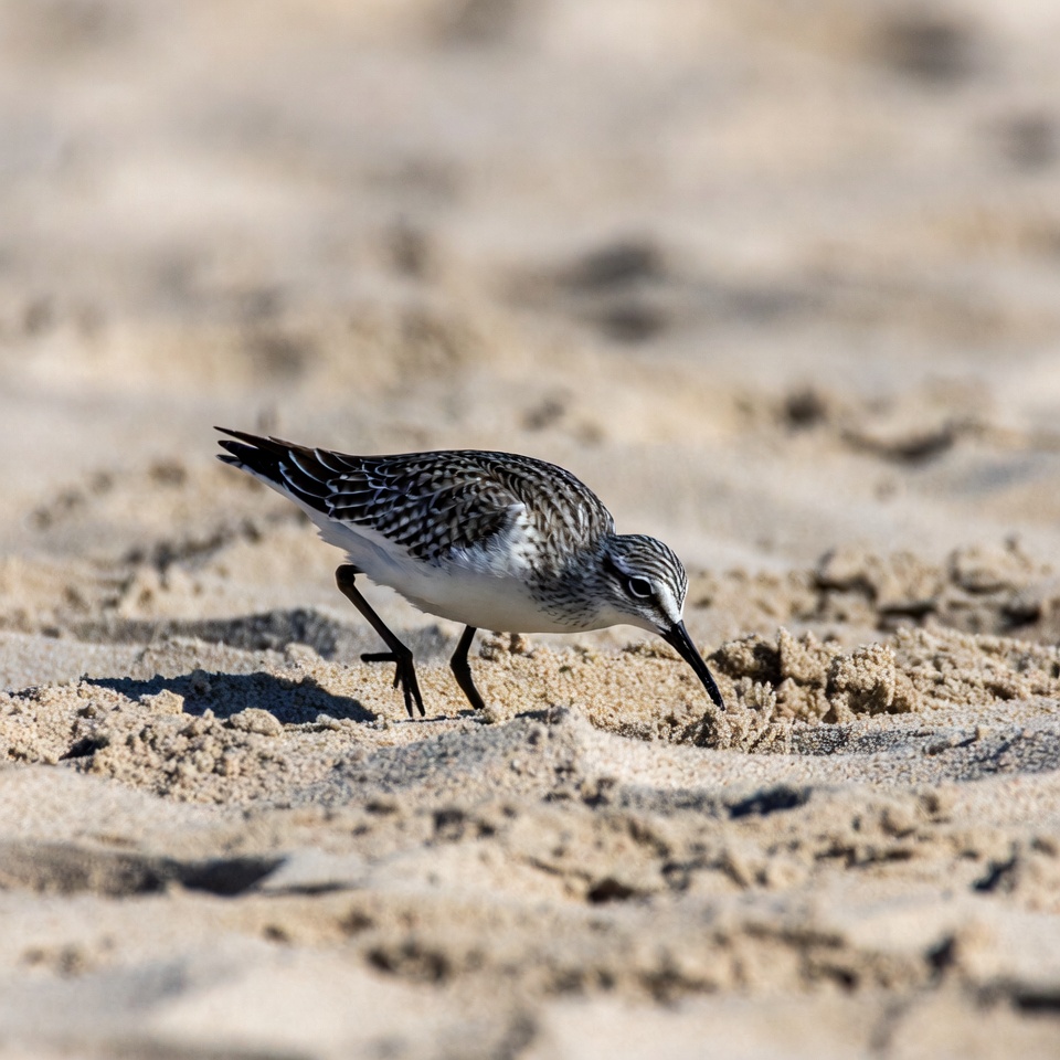 Sanderling foraging on beach sand Sanderling foraging on beach sand