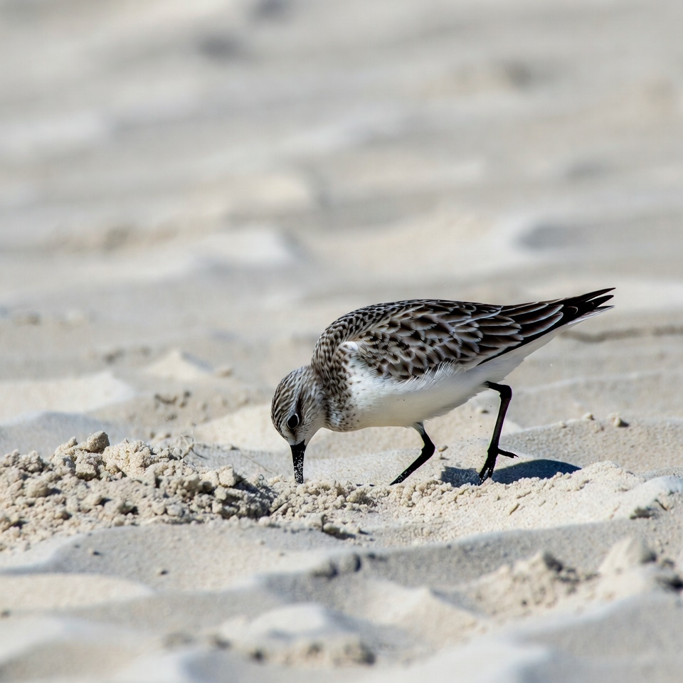 Sanderling foraging on beach sand Sanderling foraging on beach sand