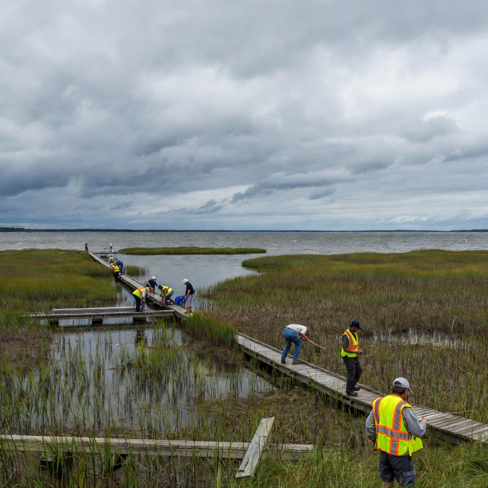 Workers in vests on marsh boardwalk Workers in vests on marsh boardwalk