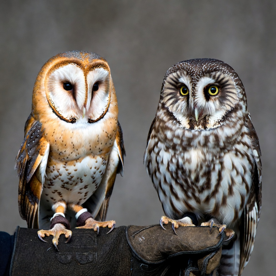 Barn Owl and Little Owl on Glove Barn Owl and Little Owl on Glove
