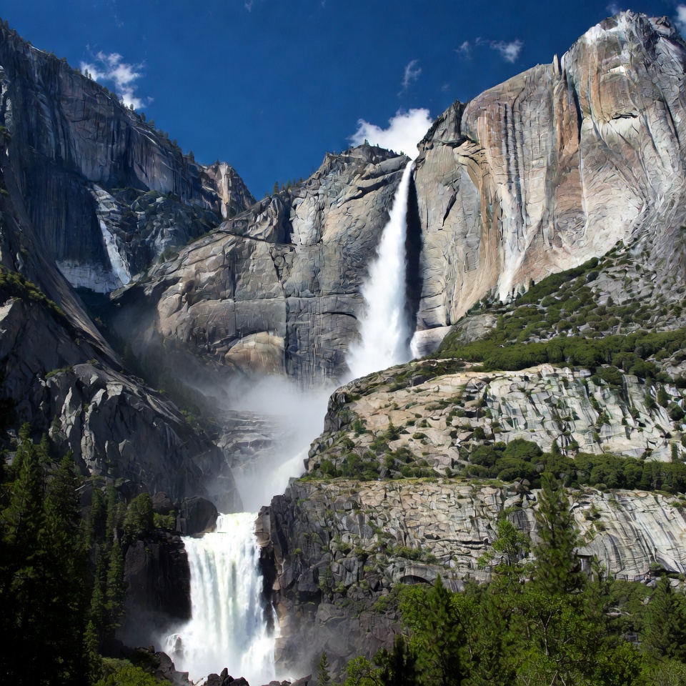 Yosemite Falls cascading down granite cliffs Yosemite Falls cascading down granite cliffs
