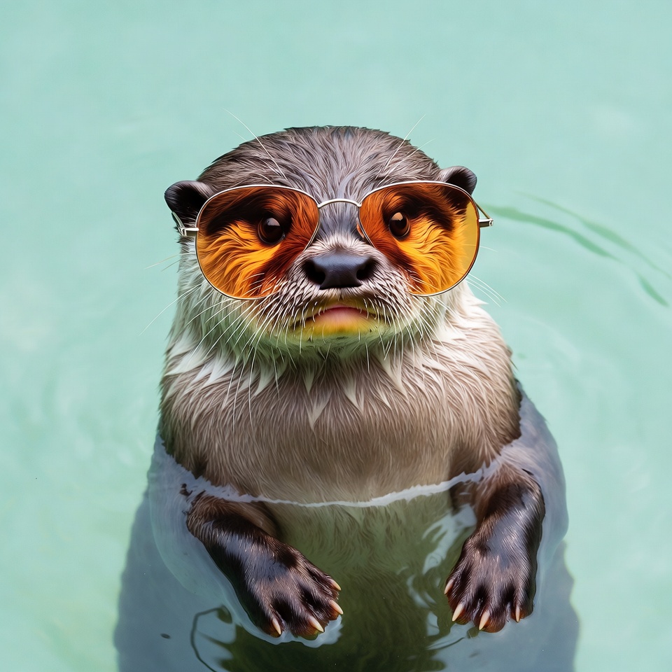Otter wearing orange sunglasses in water Otter wearing orange sunglasses in water