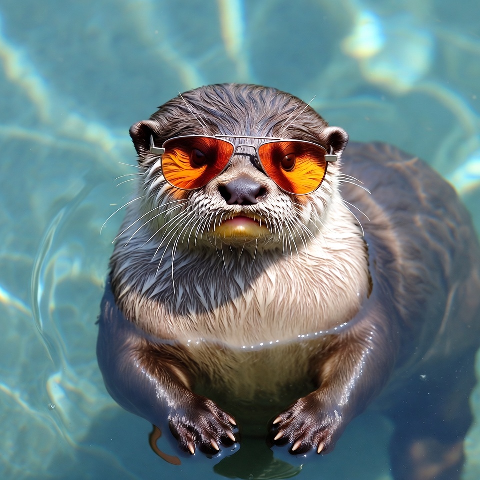 Otter wearing orange sunglasses in water Otter wearing orange sunglasses in water