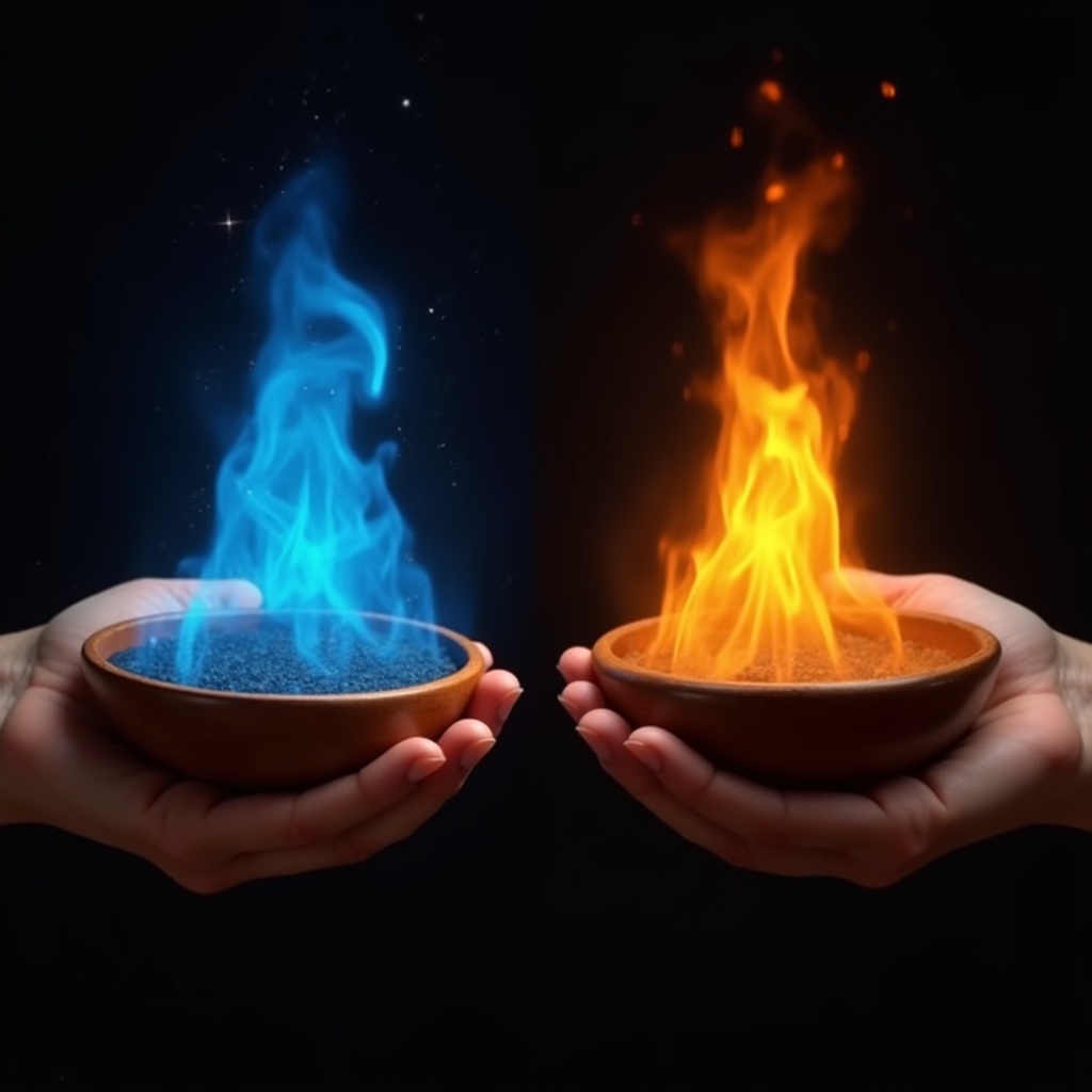 Hands Holding Blue and Red Fire Bowls Hands Holding Blue and Red Fire Bowls