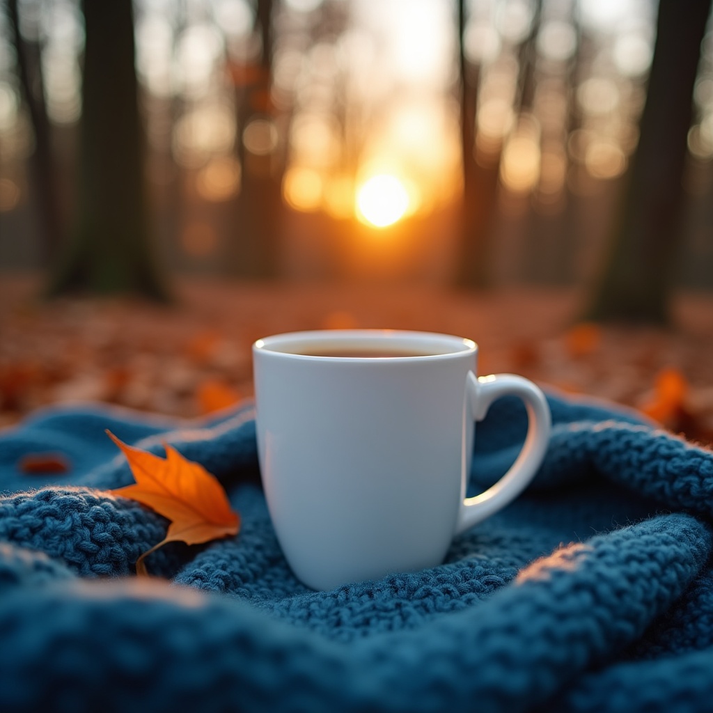 White Mug on Blue Blanket with Autumn Leaves White Mug on Blue Blanket with Autumn Leaves