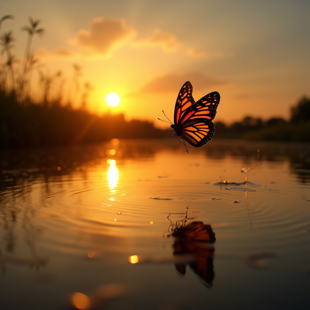 Monarch Butterfly Flying Over Sunset Water Monarch Butterfly Flying Over Sunset Water