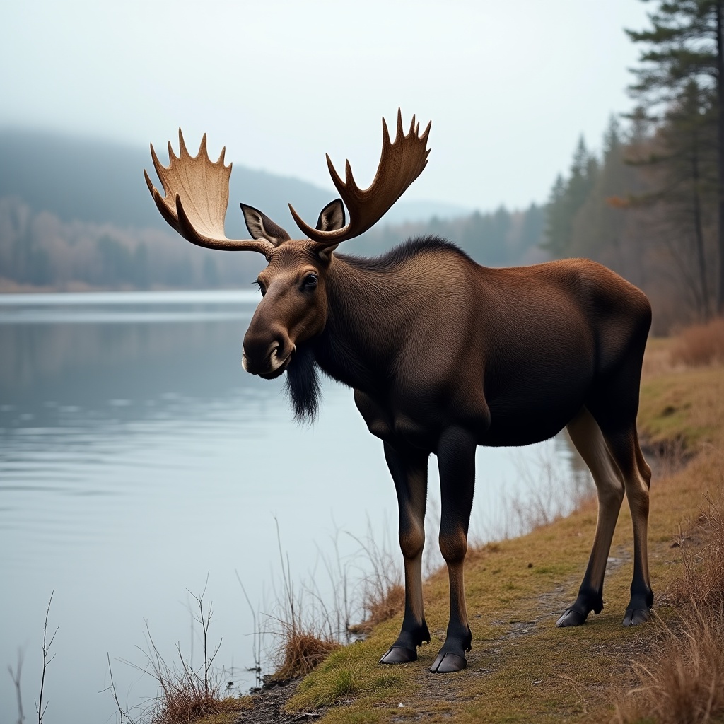 Moose standing by lake Moose standing by lake