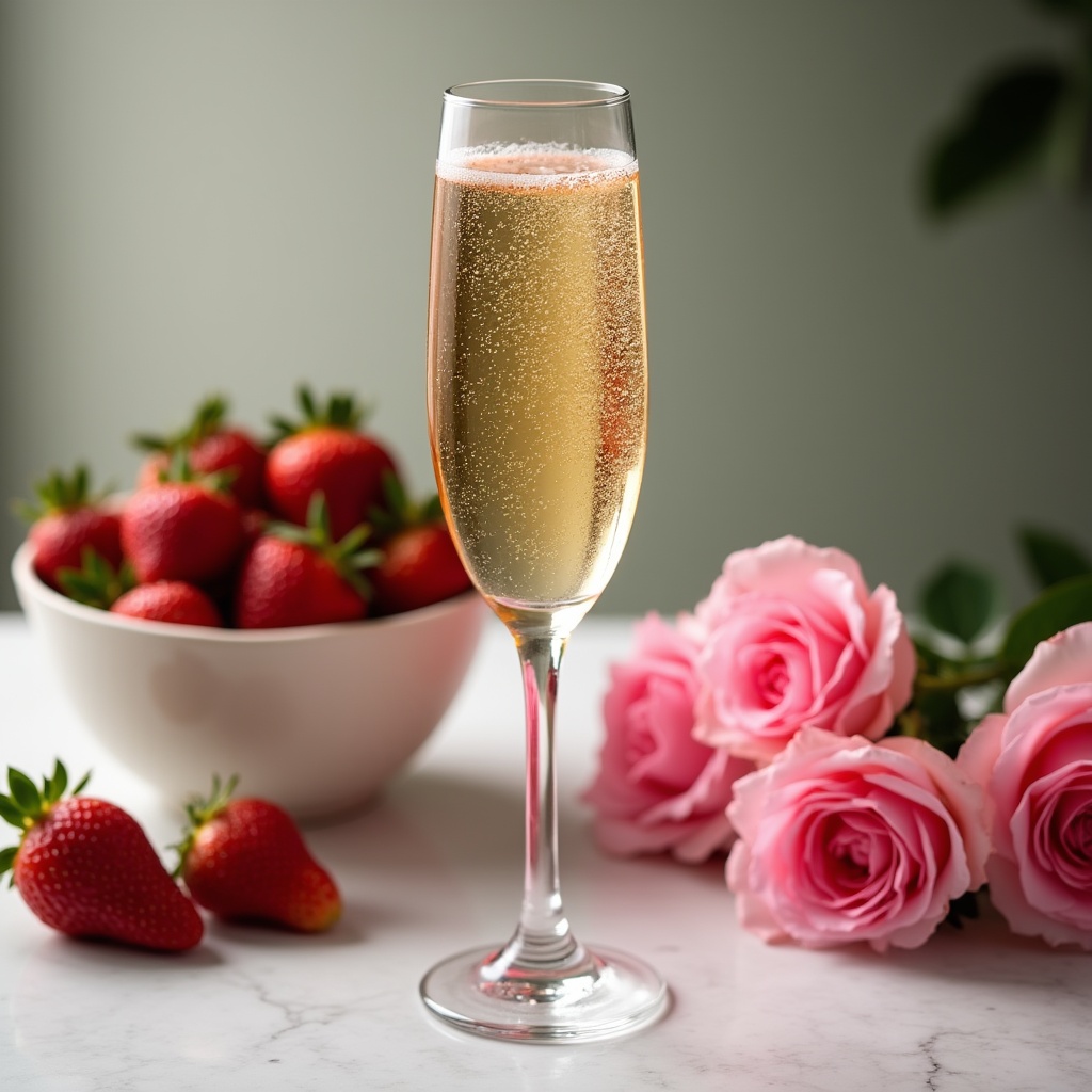 Champagne Glass with Strawberries and Roses Champagne Glass with Strawberries and Roses
