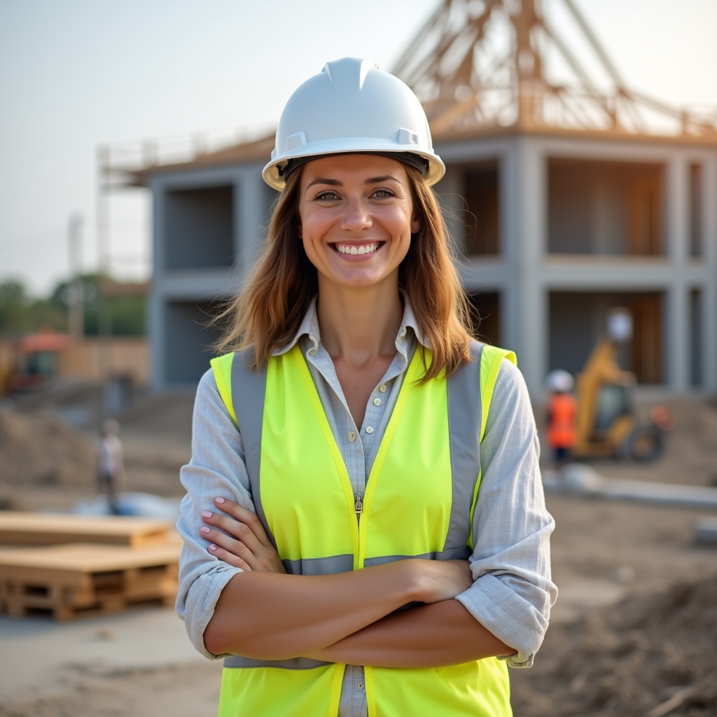 Smiling woman in hard hat at construction site Smiling woman in hard hat at construction site