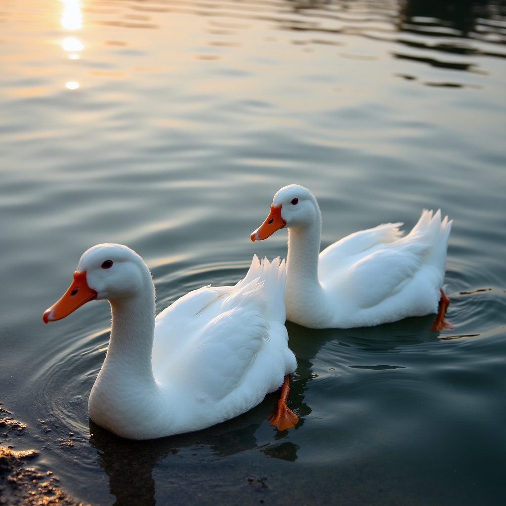 Two white ducks swimming in sunset lake Two white ducks swimming in sunset lake
