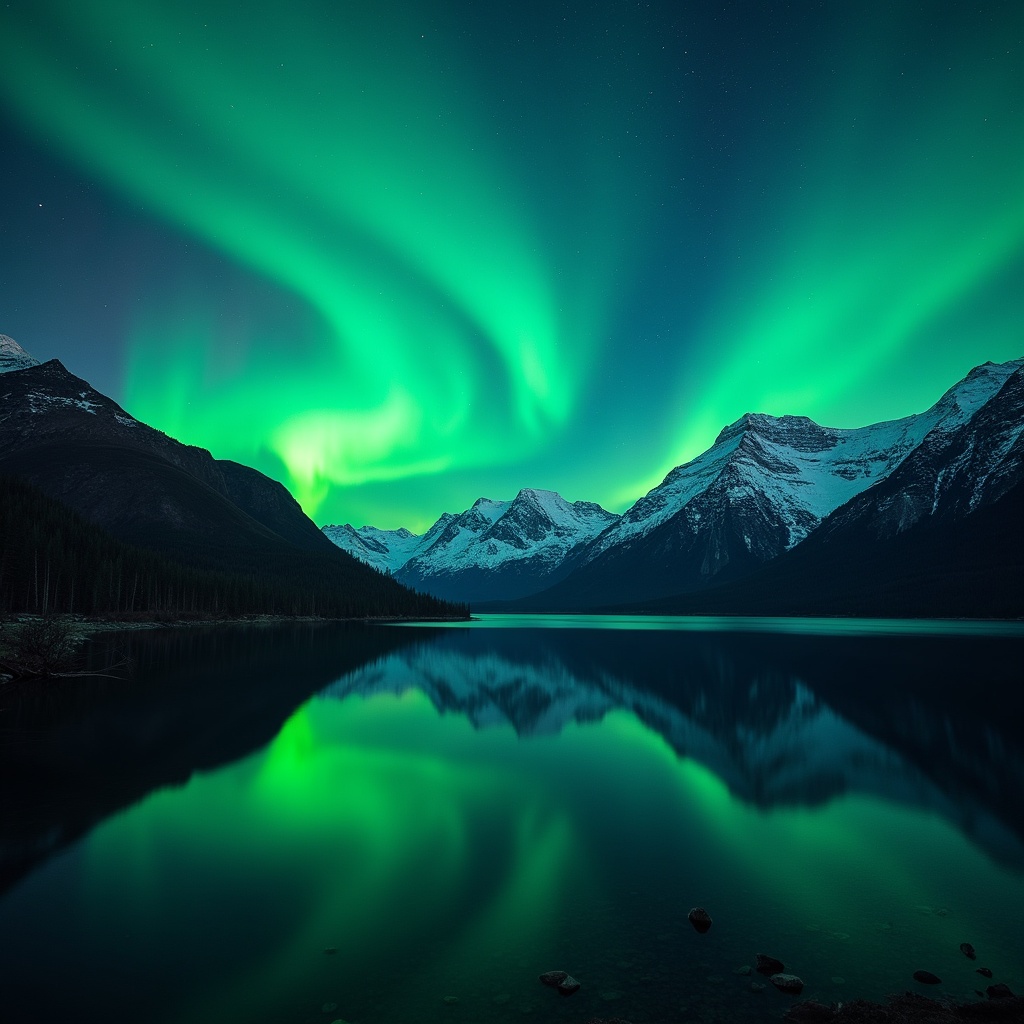 Northern Lights over Snowy Mountains and Lake Northern Lights over Snowy Mountains and Lake