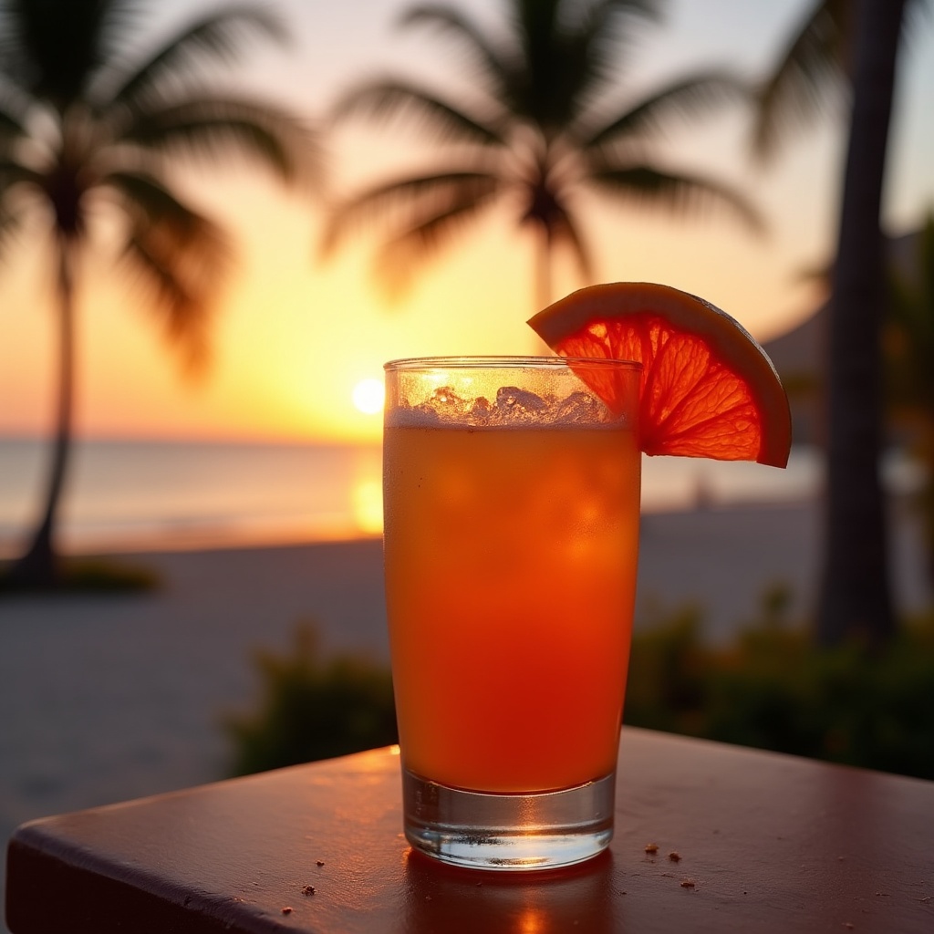 Orange slice cocktail at sunset beach Orange slice cocktail at sunset beach