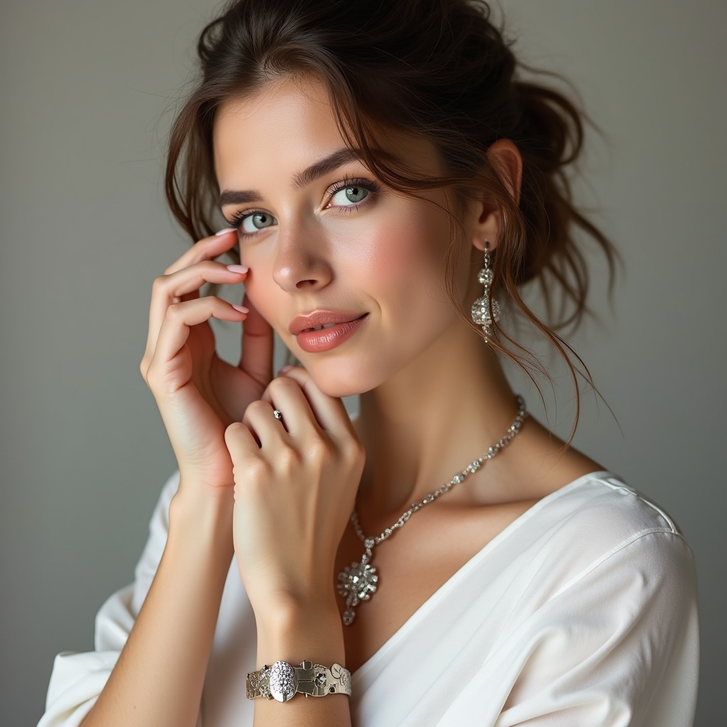 Woman touching face with jewelry Woman touching face with jewelry