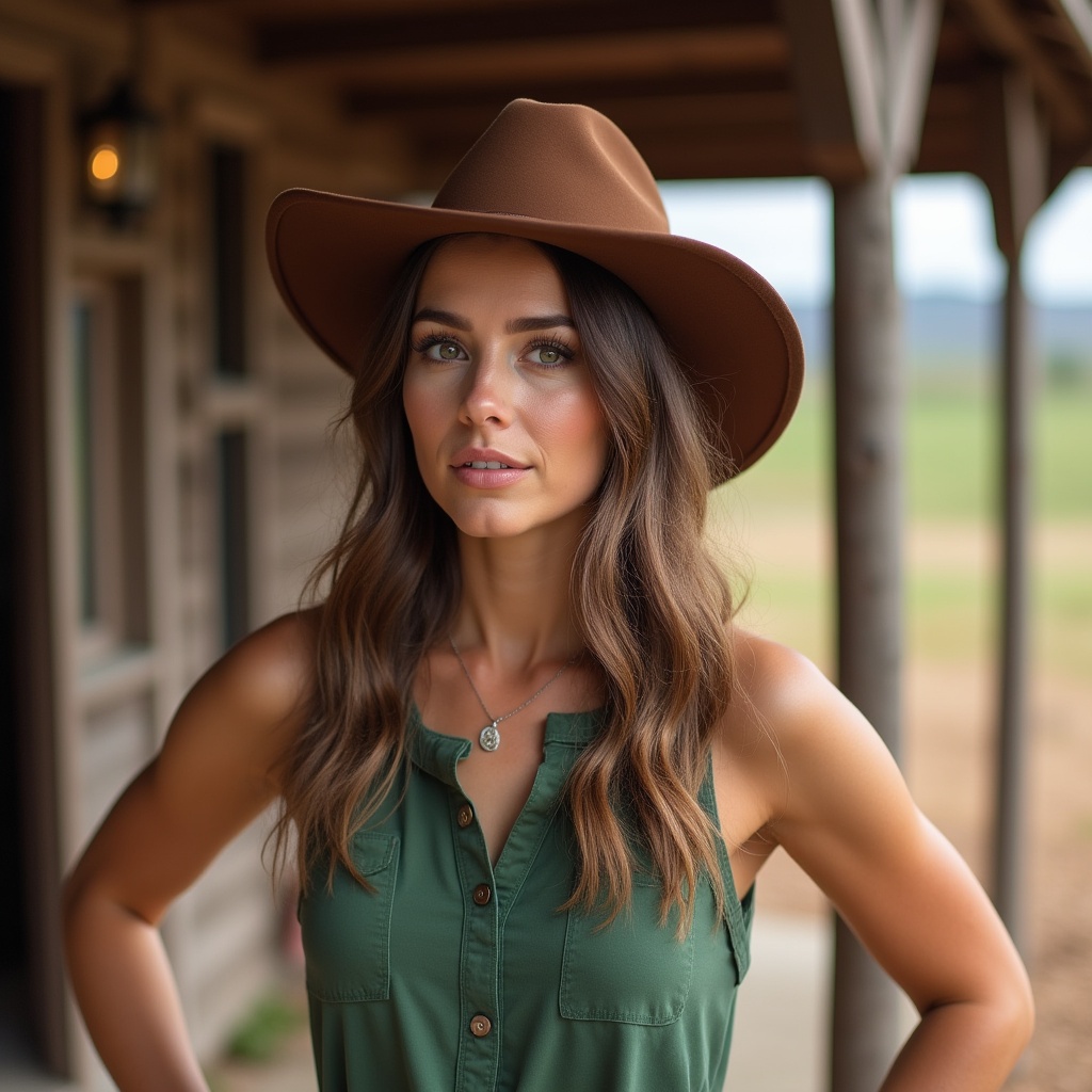 Woman in brown hat on porch Woman in brown hat on porch