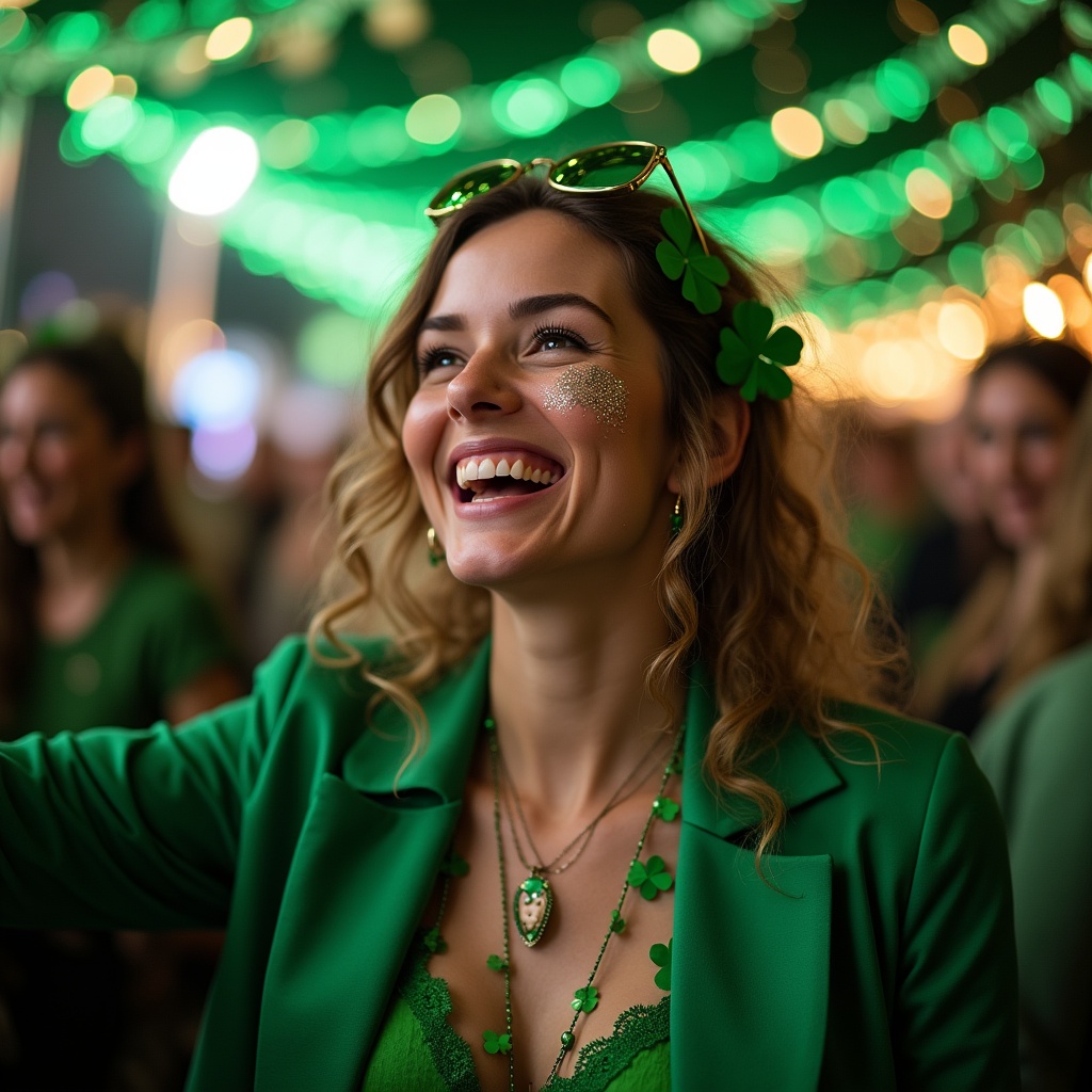Smiling woman in green St. Patrick's outfit Smiling woman in green St. Patrick's outfit