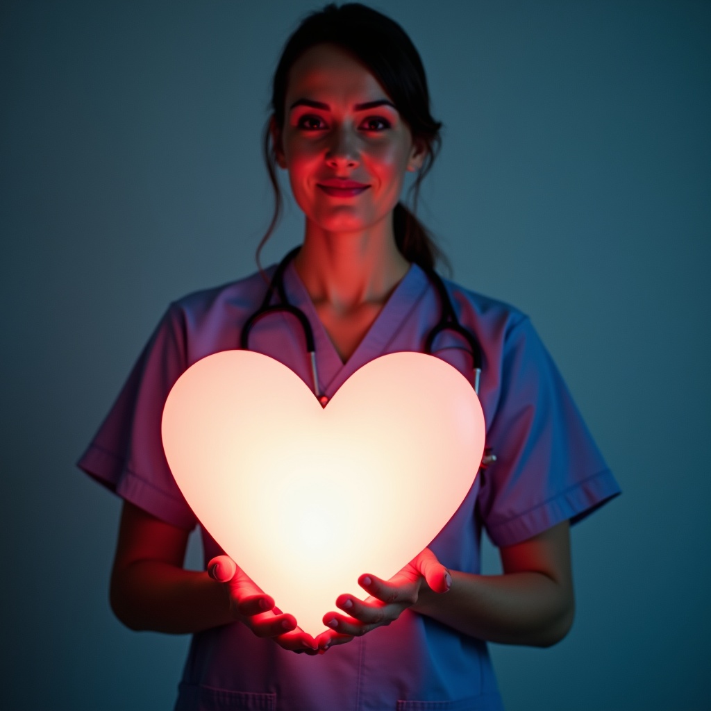 Nurse holding glowing heart Nurse holding glowing heart