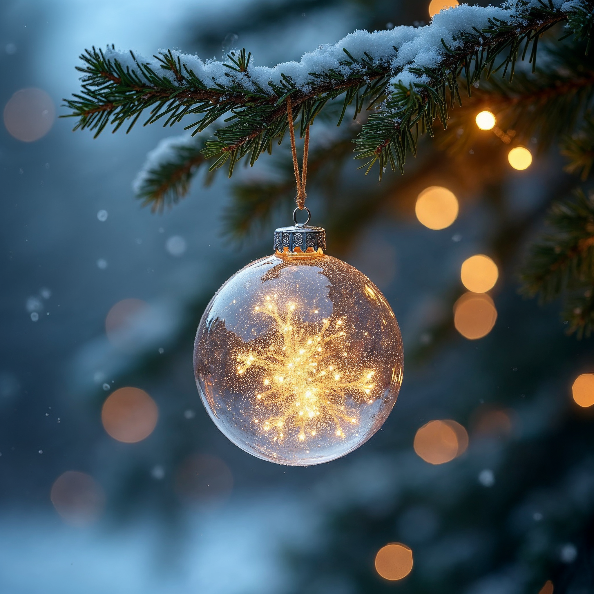 Snowy Christmas Ornament on Pine Branch Snowy Christmas Ornament on Pine Branch