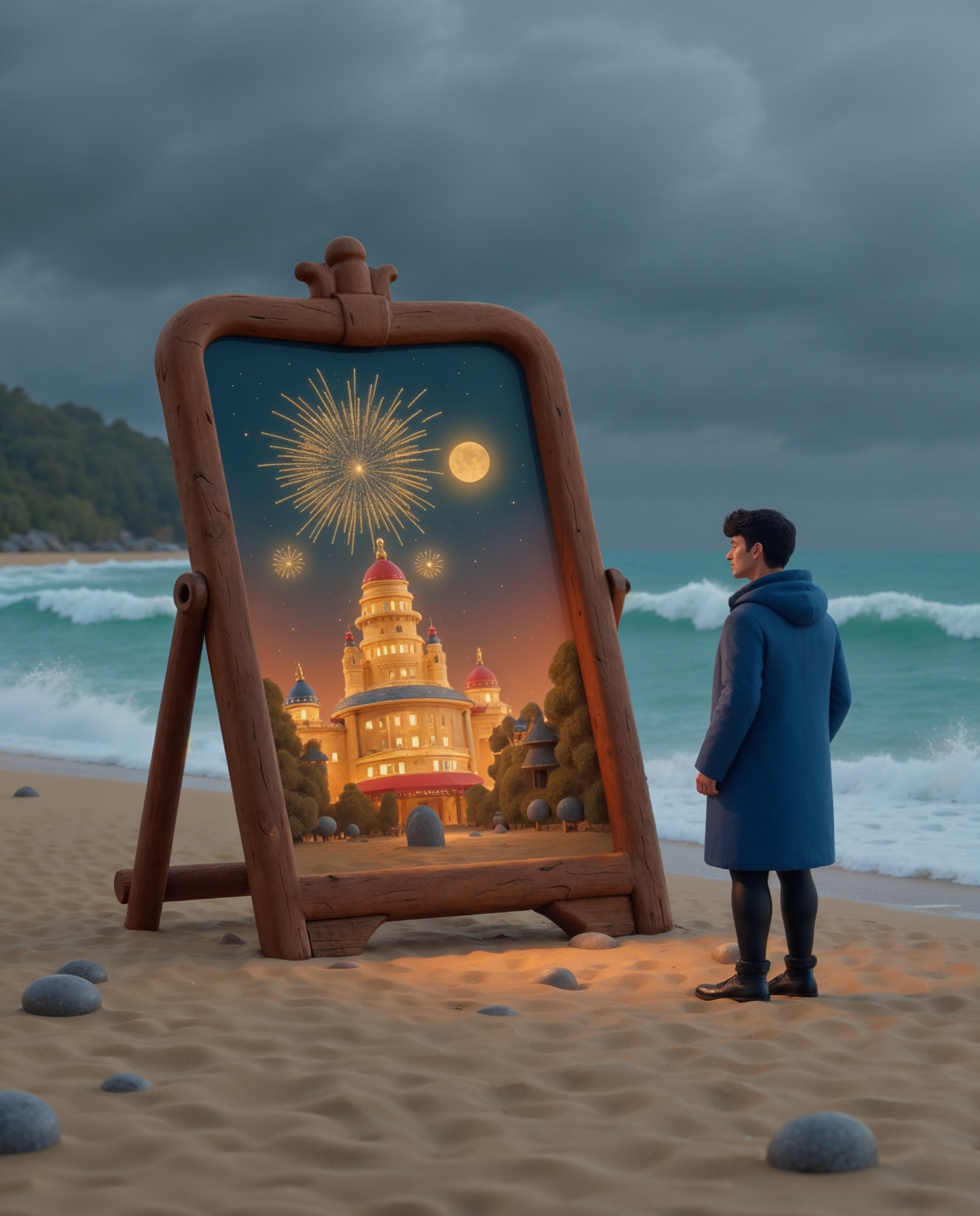 Man viewing magical castle in beach easel Man viewing magical castle in beach easel