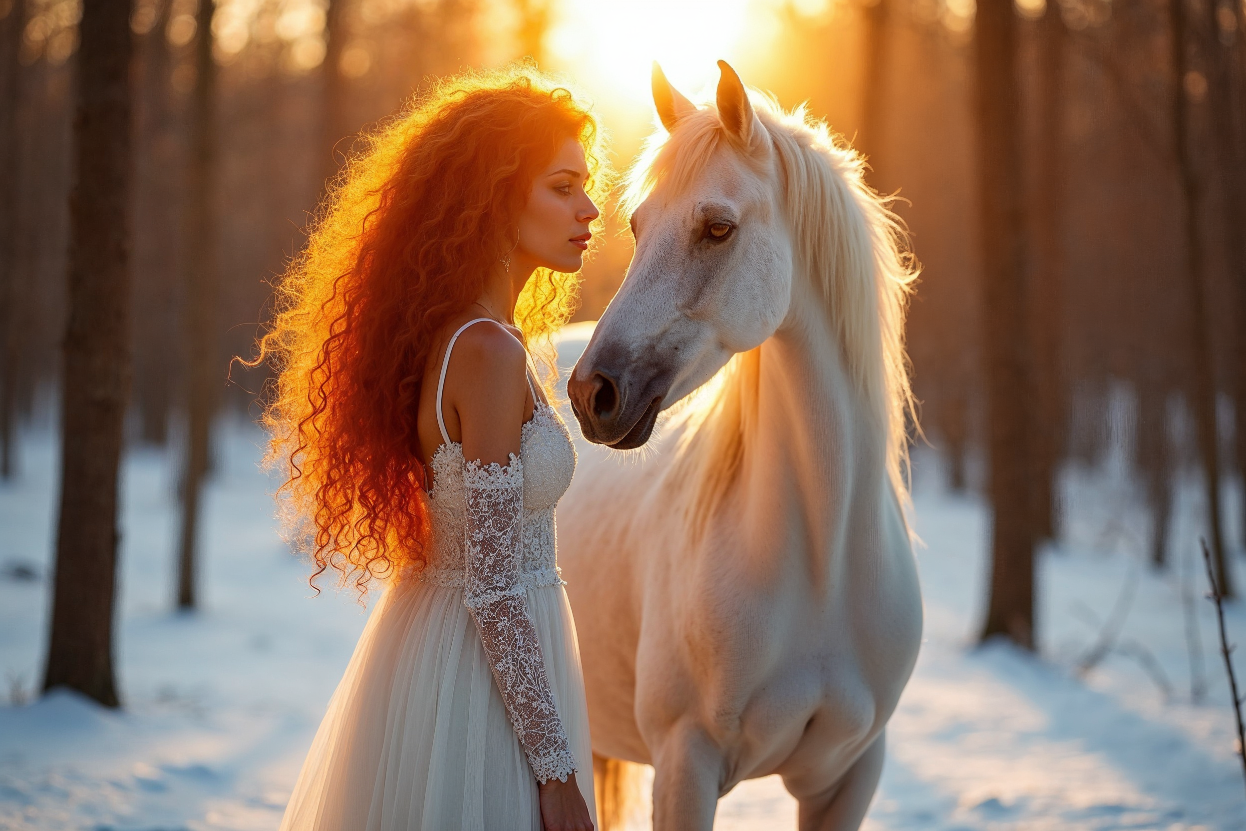 Woman embracing white horse in snowy forest Woman embracing white horse in snowy forest