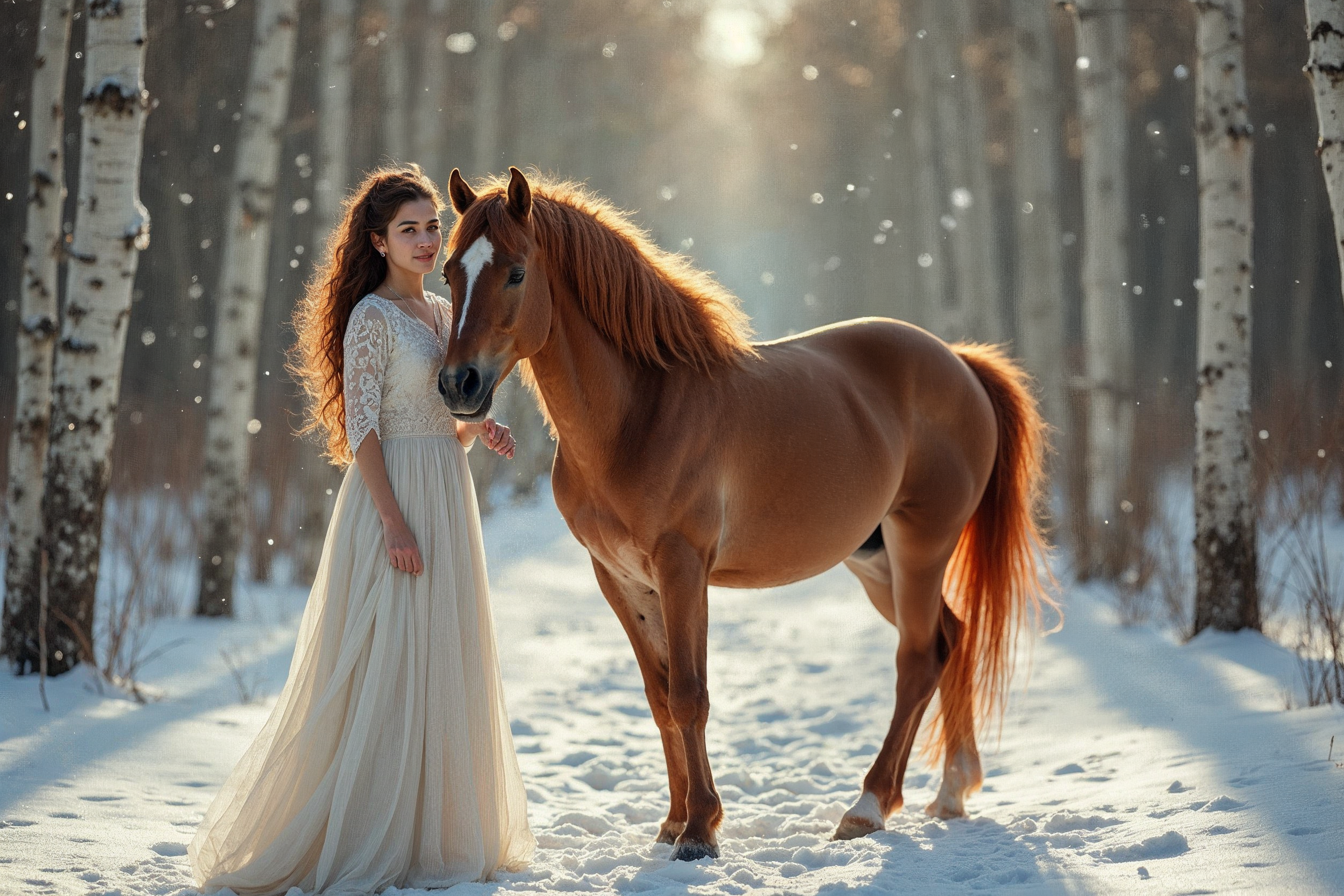 Woman embracing horse in snowy forest Woman embracing horse in snowy forest