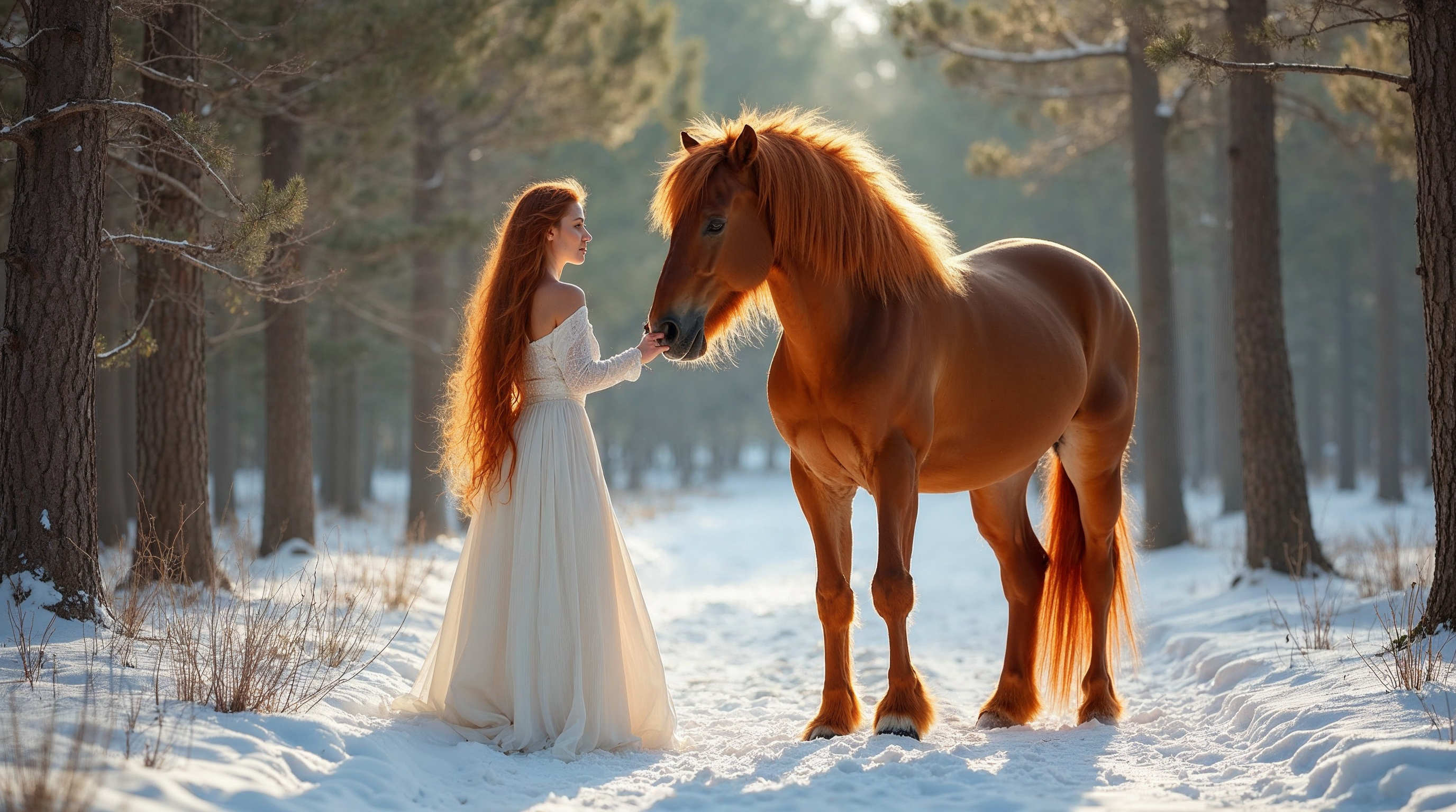 Woman feeding chestnut horse in snowy forest Woman feeding chestnut horse in snowy forest