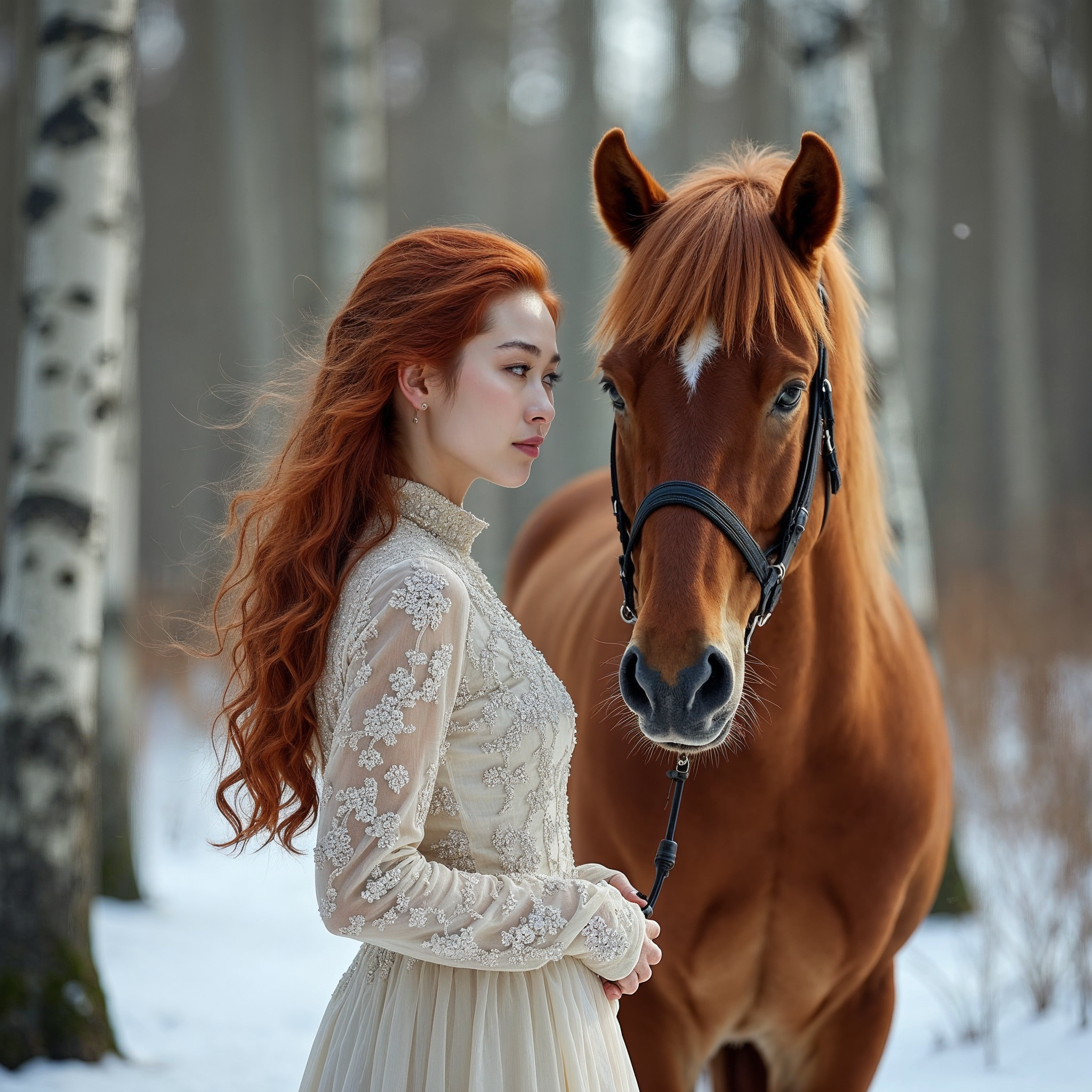 Redhead woman with horse in snowy forest Redhead woman with horse in snowy forest