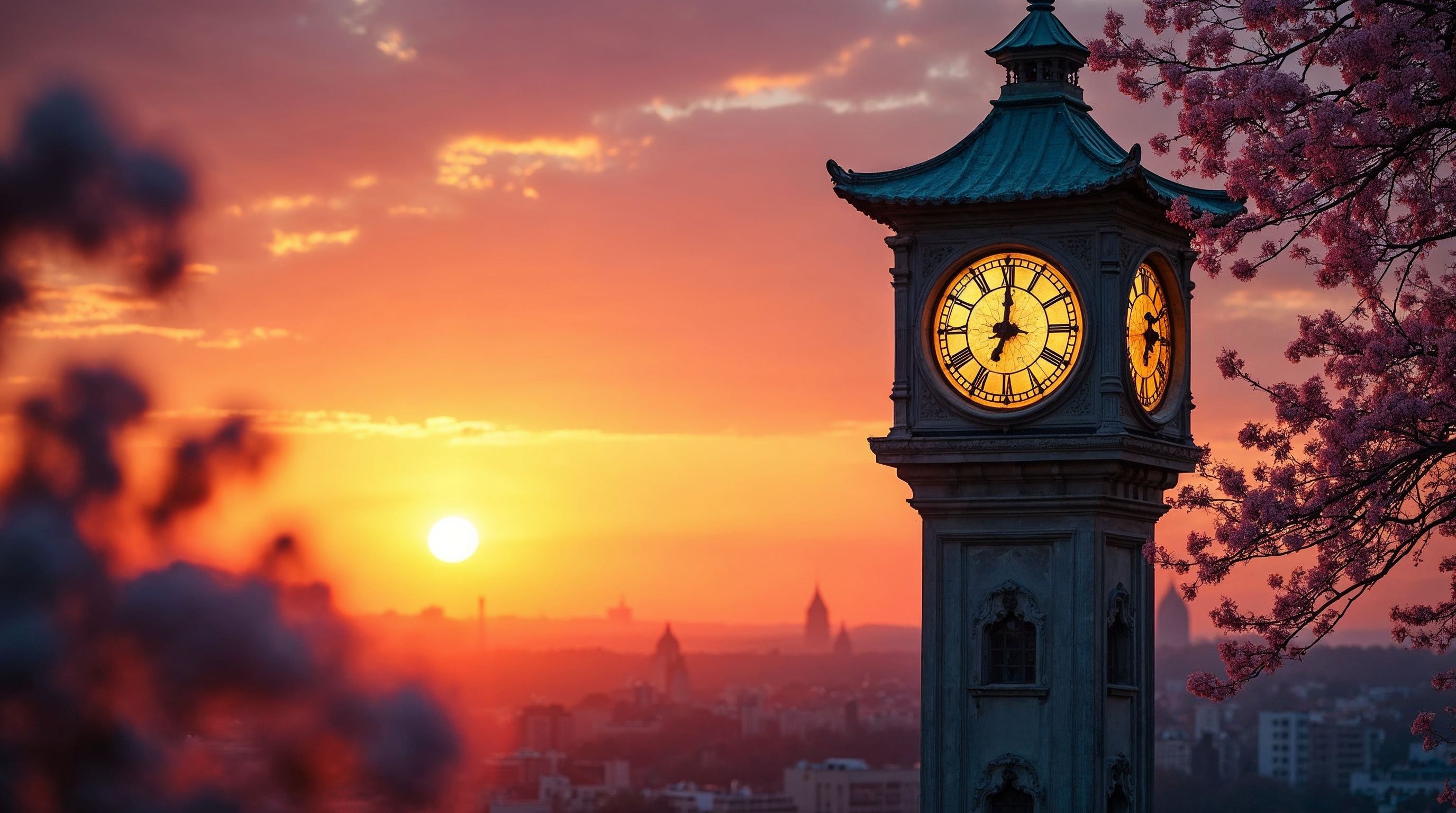 Clock Tower at Sunset with Cherry Blossoms Clock Tower at Sunset with Cherry Blossoms