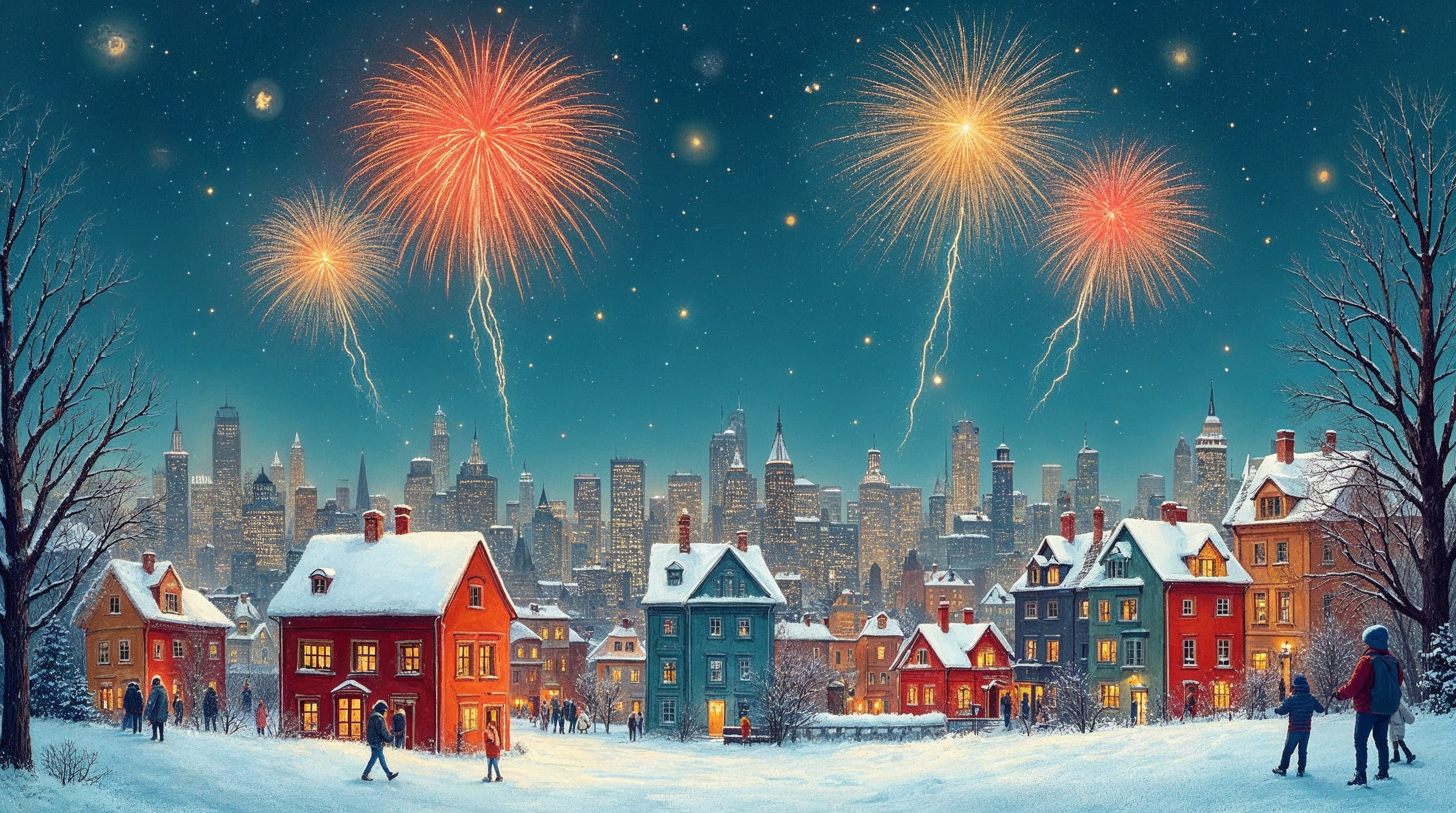 Winter City Fireworks over Snowy Houses Winter City Fireworks over Snowy Houses