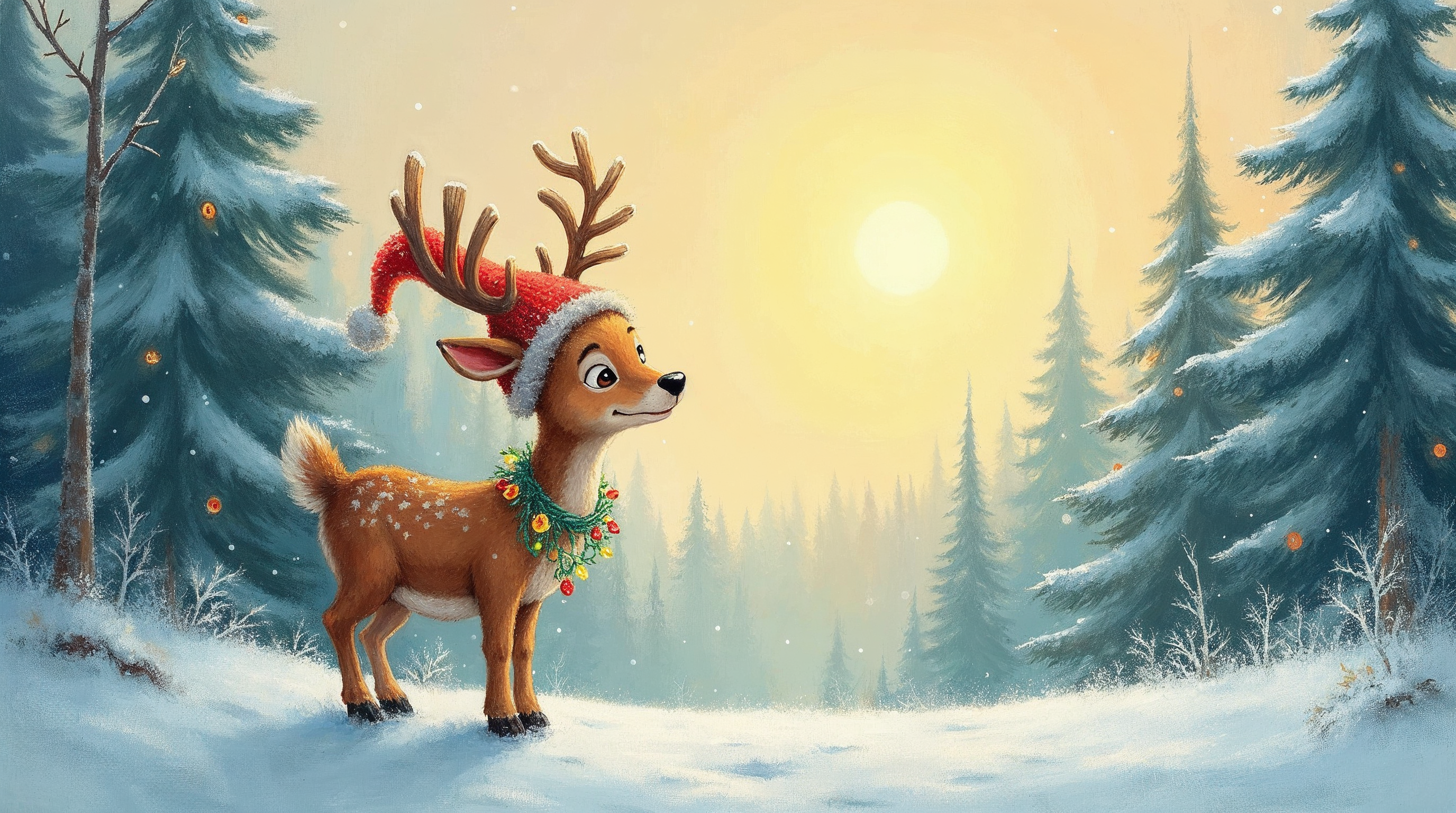 Reindeer wearing Santa hat in snowy forest Reindeer wearing Santa hat in snowy forest