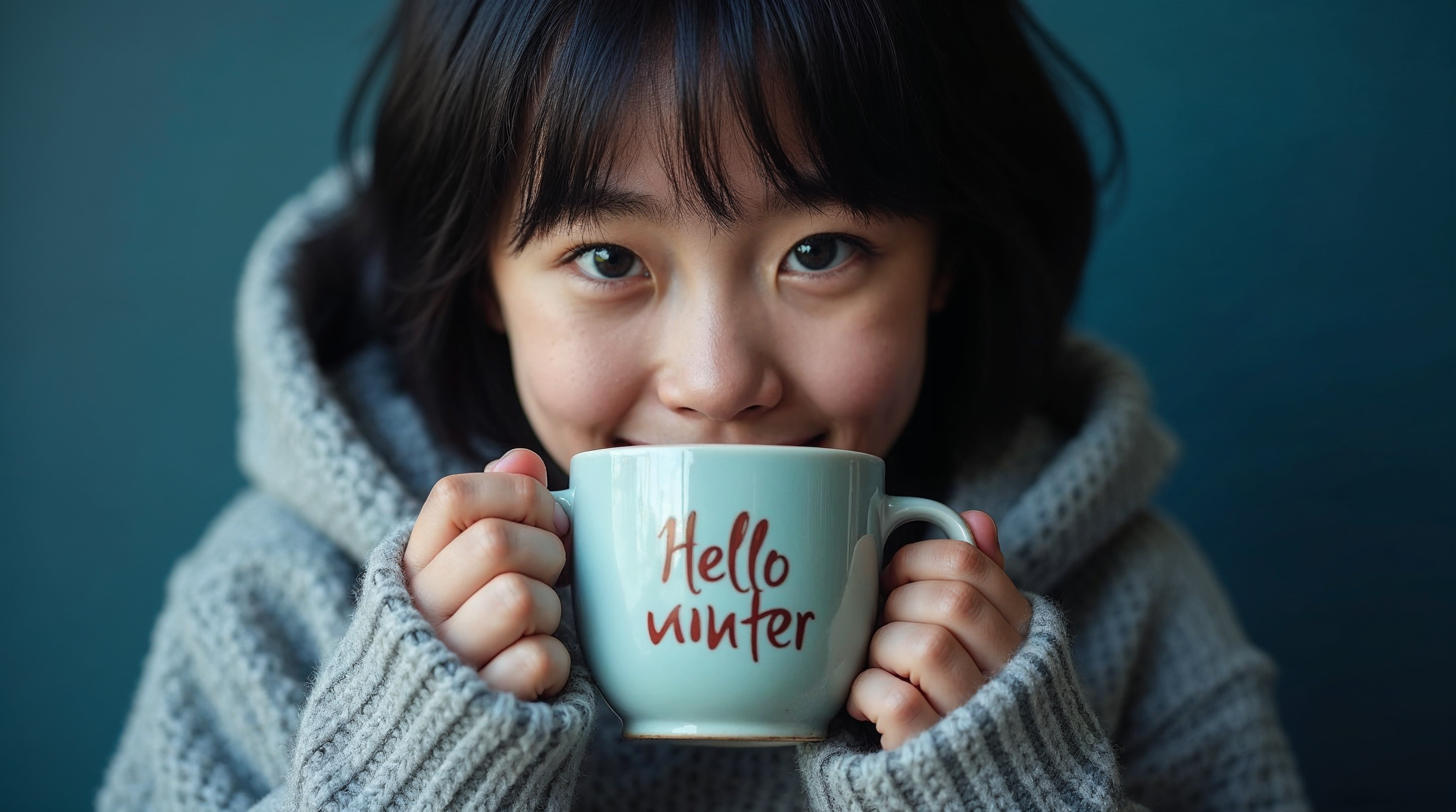 Asian girl holding Hello Winter mug Asian girl holding Hello Winter mug