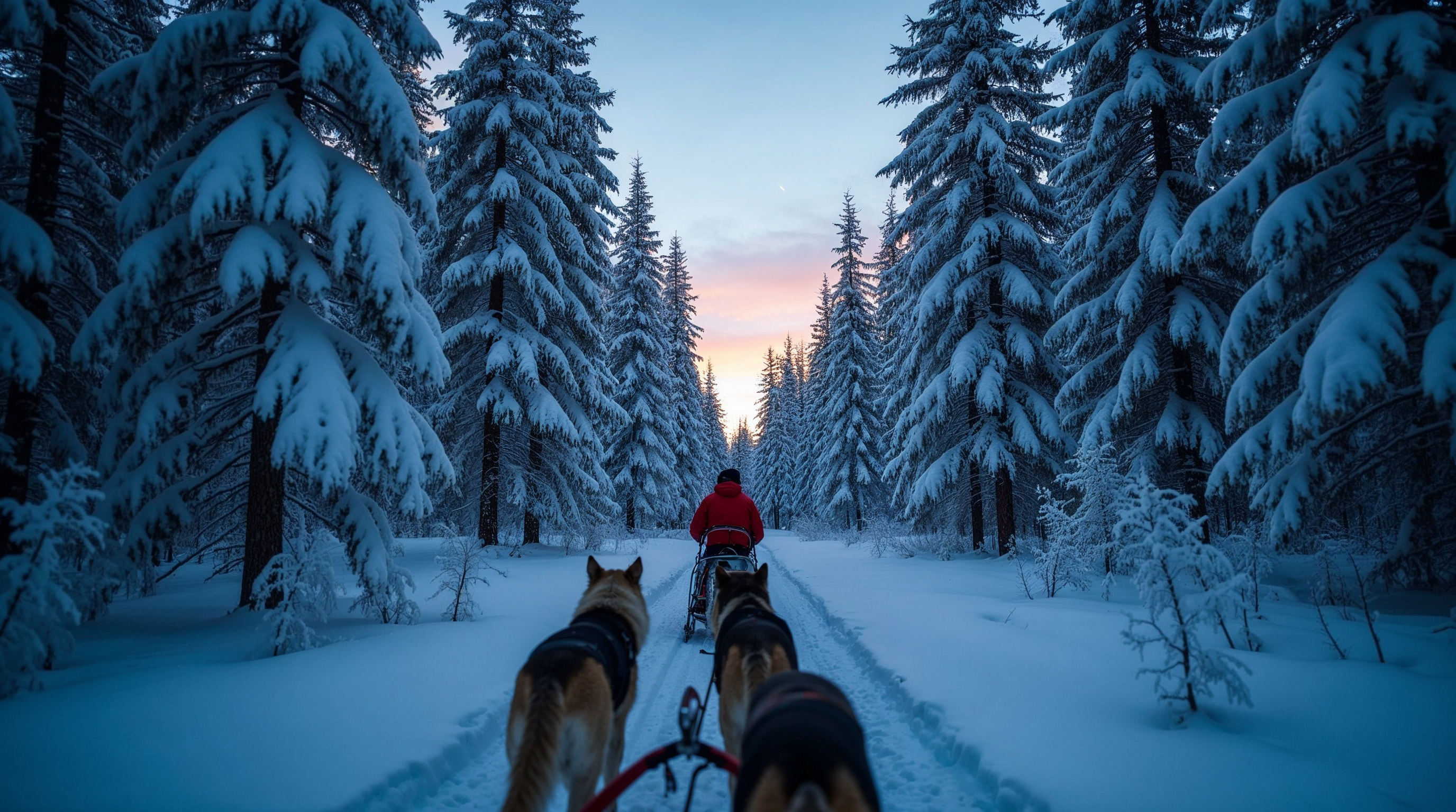 Man driving dog sled in snowy forest Man driving dog sled in snowy forest