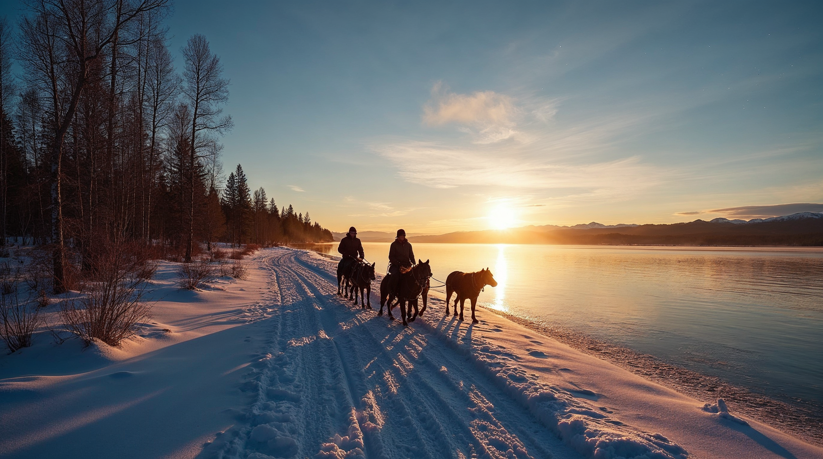 Riders on Horses Snowy Lakeside Sunset Riders on Horses Snowy Lakeside Sunset