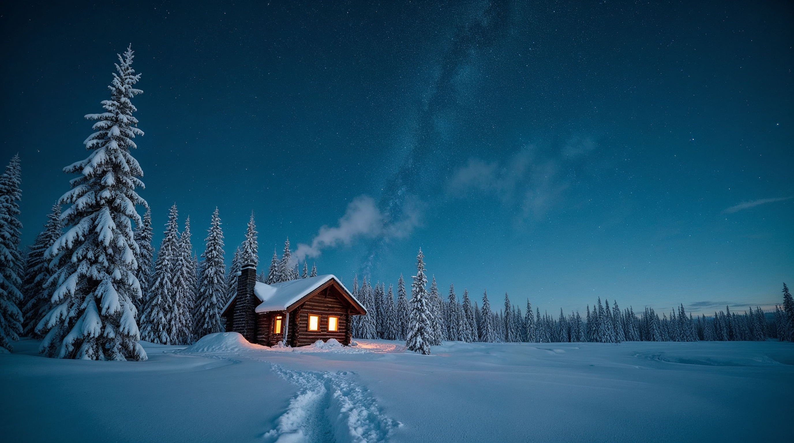 Cozy Cabin in Snowy Forest Under Starry Sky Cozy Cabin in Snowy Forest Under Starry Sky